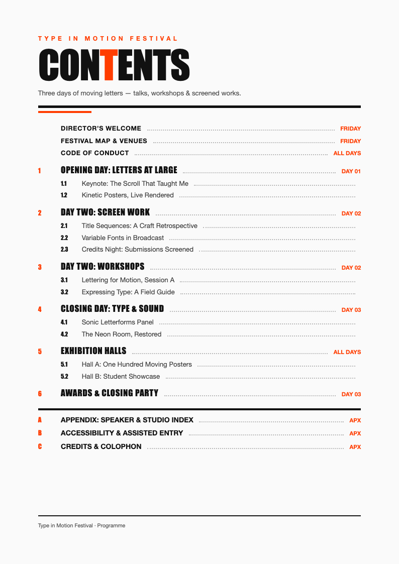 Kinetic typography table of contents